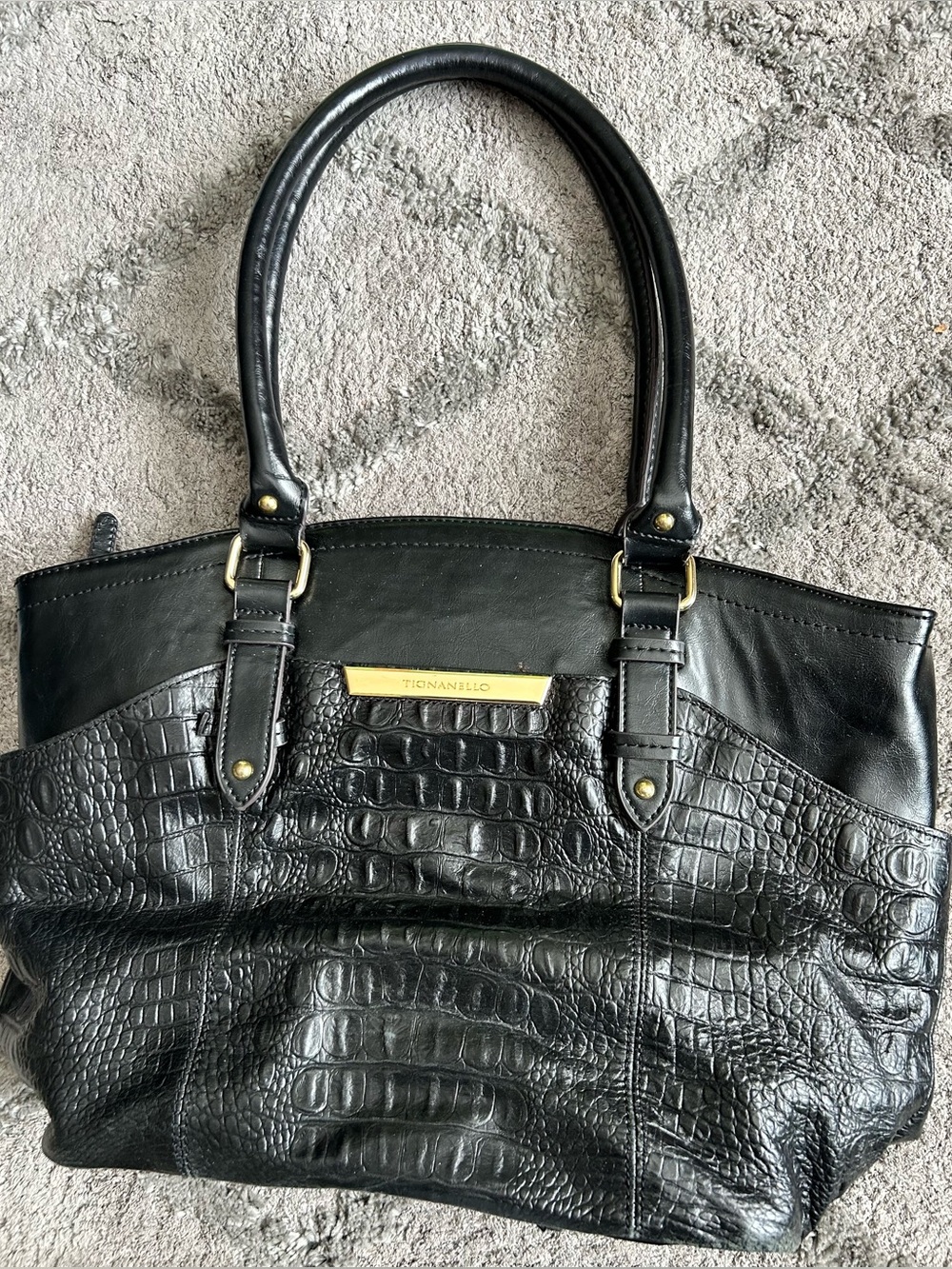 Tignanello Black Croc-Embossed Tote with Gold Accent